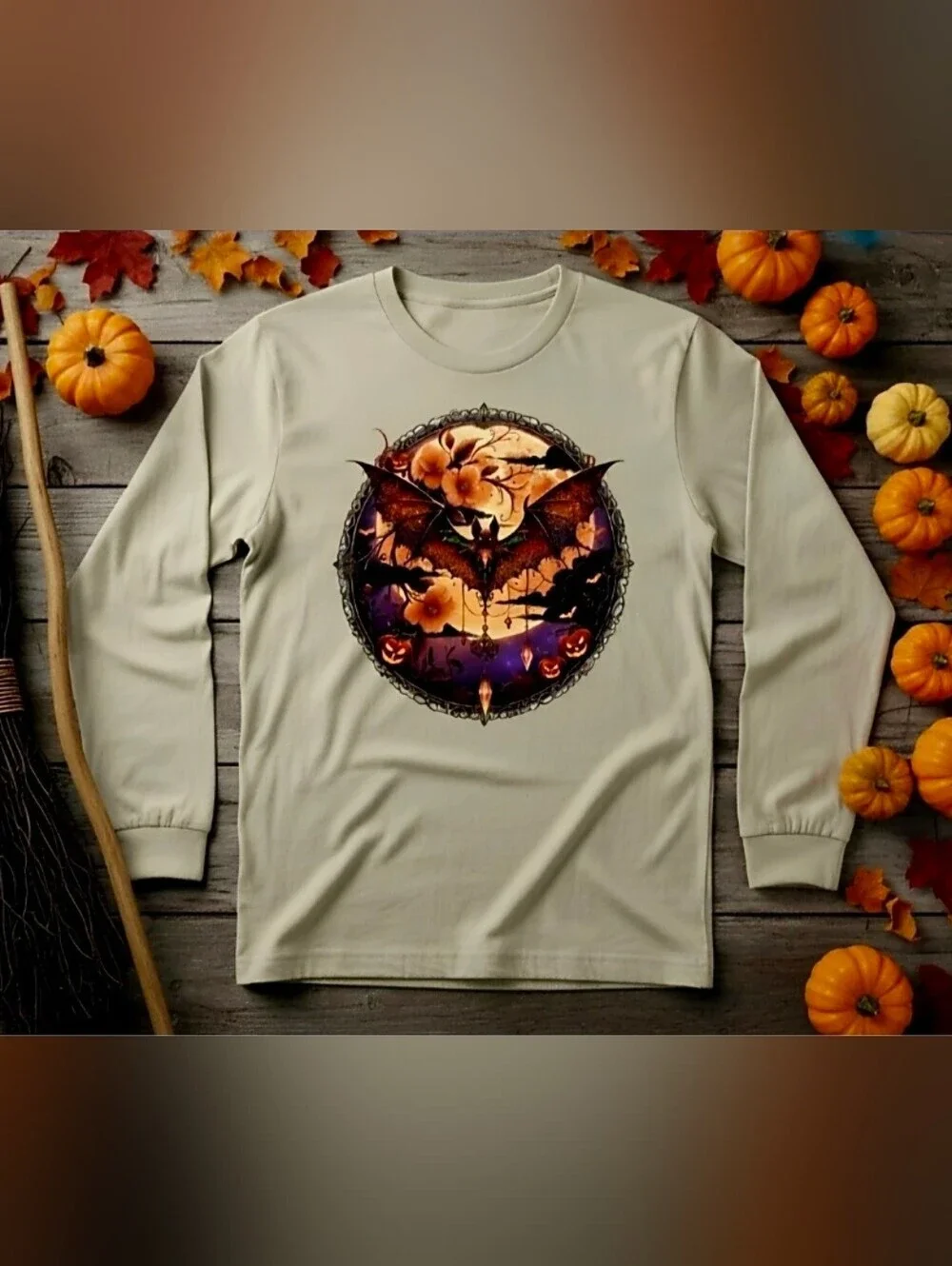 Gothic Bat Moon Floral Halloween Long Sleeve Tee | Witchy Fall Shirt